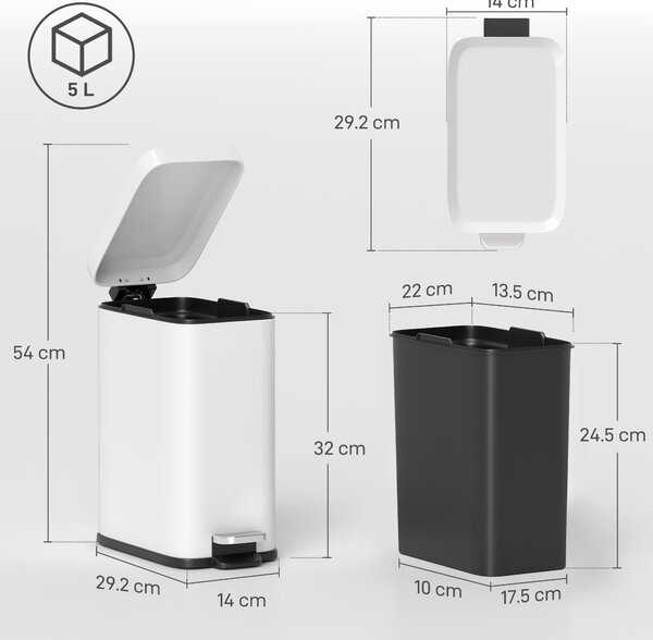HOMCOM 5L Rectangular Compact Bin Steel Body Removable Bucket Quiet-Close Lid w/ Pedal Lid Rubbish Trash Can Garbage Tidy Clean White Aosom UK
