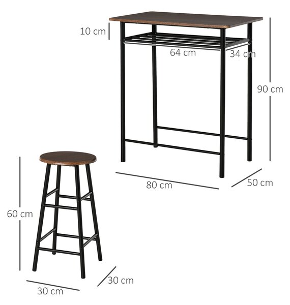 HOMCOM Bar Table and Stools w/ Metal Frame Footrest and Storage Shelf, Bar Table Set for Kitchen, Dining Room, Pub, Cafe, Black and Oak Aosom UK