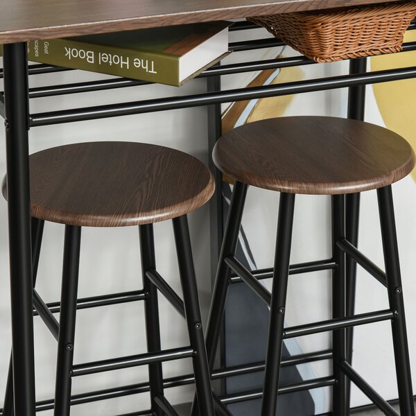 HOMCOM Bar Table and Stools w/ Metal Frame Footrest and Storage Shelf, Bar Table Set for Kitchen, Dining Room, Pub, Cafe, Black and Oak Aosom UK