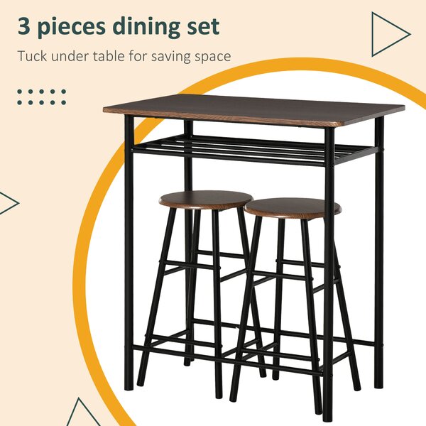 HOMCOM Bar Table and Stools w/ Metal Frame Footrest and Storage Shelf, Bar Table Set for Kitchen, Dining Room, Pub, Cafe, Black and Oak Aosom UK