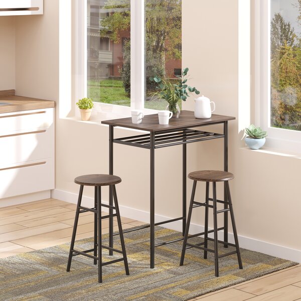 HOMCOM Bar Table and Stools w/ Metal Frame Footrest and Storage Shelf, Bar Table Set for Kitchen, Dining Room, Pub, Cafe, Black and Oak Aosom UK