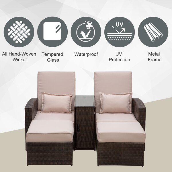 Outsunny Outdoor Garden Rattan Companion Sofa Chair & Stool Lounger Recliner Love Sunbed Daybed Patio Wicker Weave Furniture Set Brown Aosom UK