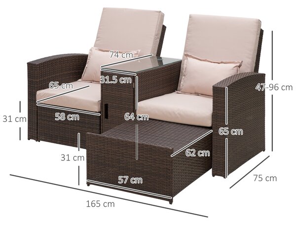 Outsunny Outdoor Garden Rattan Companion Sofa Chair & Stool Lounger Recliner Love Sunbed Daybed Patio Wicker Weave Furniture Set Brown Aosom UK