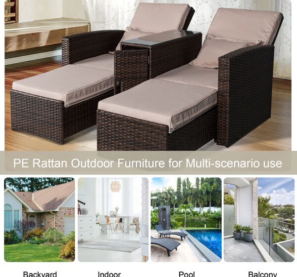 Outsunny Outdoor Garden Rattan Companion Sofa Chair & Stool Lounger Recliner Love Sunbed Daybed Patio Wicker Weave Furniture Set Brown Aosom UK