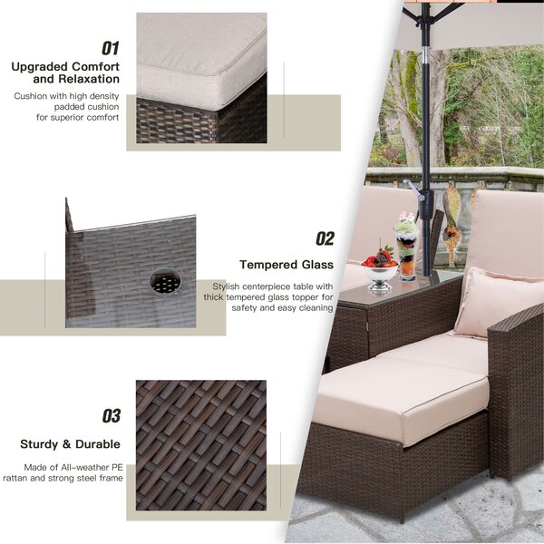 Outsunny Outdoor Garden Rattan Companion Sofa Chair & Stool Lounger Recliner Love Sunbed Daybed Patio Wicker Weave Furniture Set Brown Aosom UK