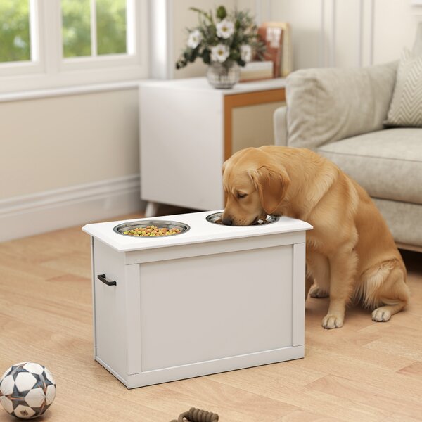 PawHut Elevated Pet Feeder Station with Storage, Includes 2 Stainless Steel Bowls, Ideal for Large Dogs, White Aosom UK
