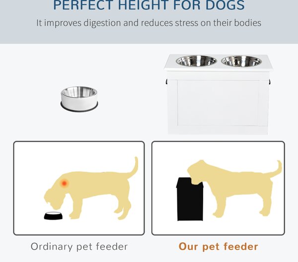 PawHut Elevated Pet Feeder Station with Storage, Includes 2 Stainless Steel Bowls, Ideal for Large Dogs, White Aosom UK
