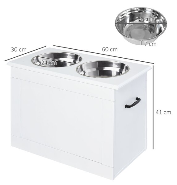 PawHut Elevated Pet Feeder Station with Storage, Includes 2 Stainless Steel Bowls, Ideal for Large Dogs, White Aosom UK