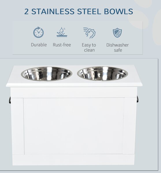 PawHut Elevated Pet Feeder Station with Storage, Includes 2 Stainless Steel Bowls, Ideal for Large Dogs, White Aosom UK
