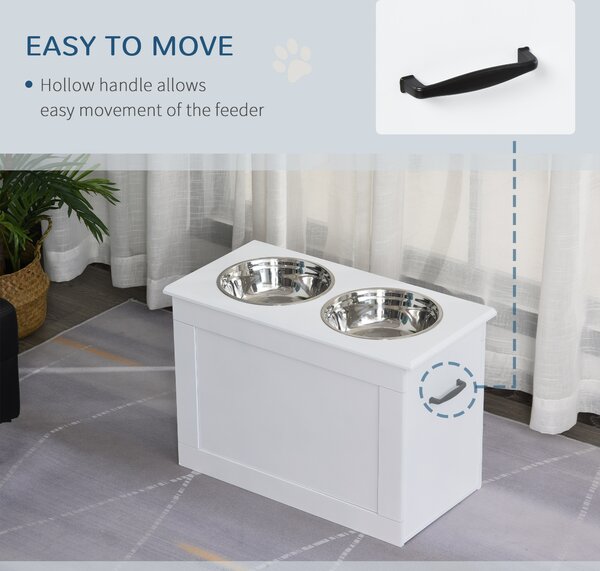 PawHut Elevated Pet Feeder Station with Storage, Includes 2 Stainless Steel Bowls, Ideal for Large Dogs, White Aosom UK