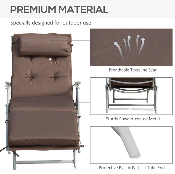 Outsunny Garden Sun Lounger, Foldable Reclining Chair with Pillow and Adjustable Back, Texteline Fabric, Brown Aosom UK