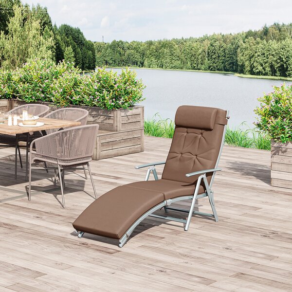 Outsunny Garden Sun Lounger, Foldable Reclining Chair with Pillow and Adjustable Back, Texteline Fabric, Brown Aosom UK