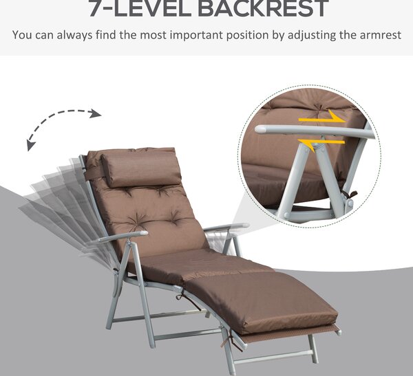 Outsunny Garden Sun Lounger, Foldable Reclining Chair with Pillow and Adjustable Back, Texteline Fabric, Brown Aosom UK