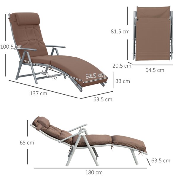 Outsunny Garden Sun Lounger, Foldable Reclining Chair with Pillow and Adjustable Back, Texteline Fabric, Brown Aosom UK