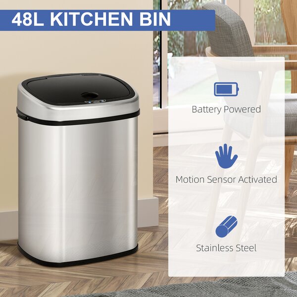 HOMCOM Stainless Steel Sensor Dustbin Automatic Touchless Rubbish Garbage Waste Bin 48L Aosom UK