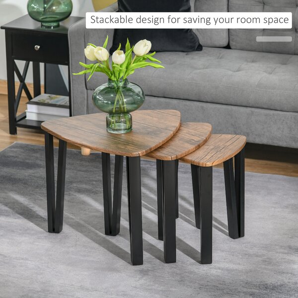 HOMCOM Nesting Coffee Tables Set of 3, MDF Steel, Versatile End Side Tables, Walnut Wood Effect Aosom UK