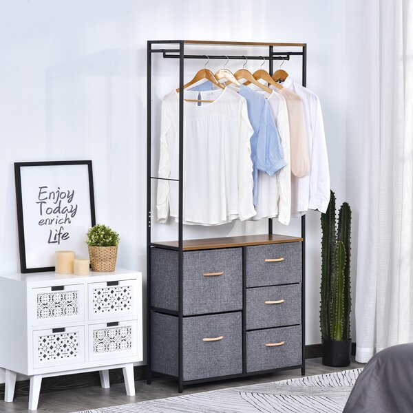 HOMCOM Wardrobe Dresser: Steel-Framed Storage with 5 Drawers, Coat Rack for Bedroom & Hallway, Black/Brown Aosom UK