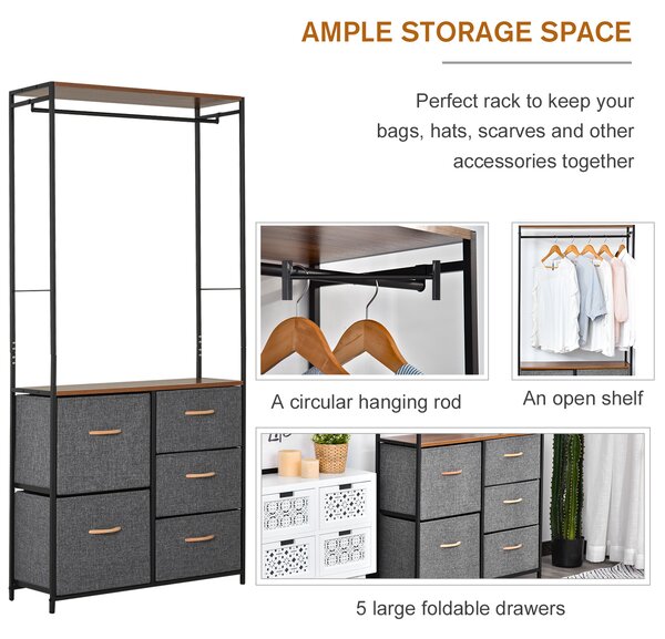 HOMCOM Wardrobe Dresser: Steel-Framed Storage with 5 Drawers, Coat Rack for Bedroom & Hallway, Black/Brown Aosom UK