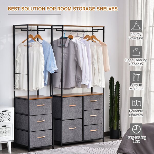 HOMCOM Wardrobe Dresser: Steel-Framed Storage with 5 Drawers, Coat Rack for Bedroom & Hallway, Black/Brown Aosom UK