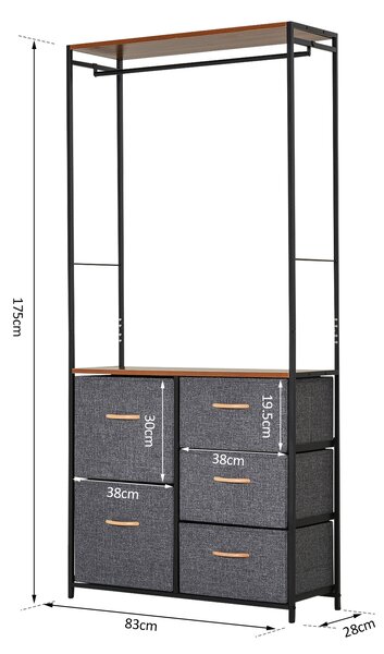HOMCOM Wardrobe Dresser: Steel-Framed Storage with 5 Drawers, Coat Rack for Bedroom & Hallway, Black/Brown Aosom UK