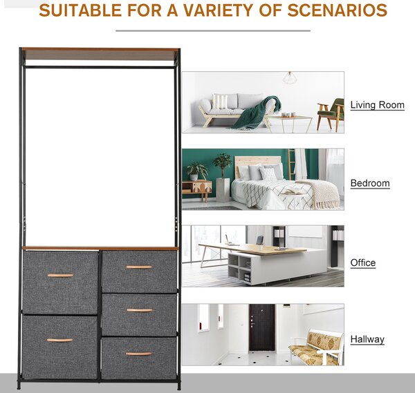 HOMCOM Wardrobe Dresser: Steel-Framed Storage with 5 Drawers, Coat Rack for Bedroom & Hallway, Black/Brown Aosom UK