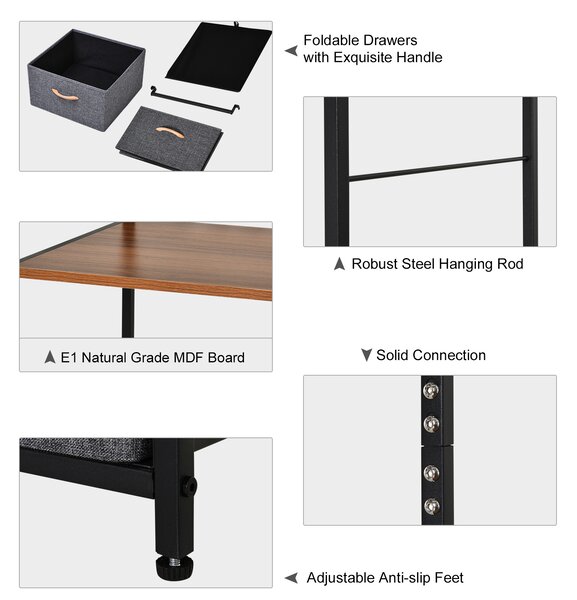 HOMCOM Wardrobe Dresser: Steel-Framed Storage with 5 Drawers, Coat Rack for Bedroom & Hallway, Black/Brown Aosom UK