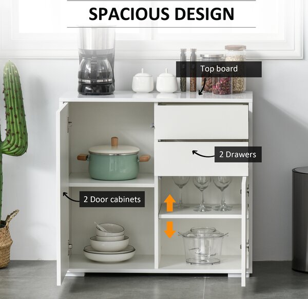 HOMCOM Push-Open Cabinet with 2 Drawer 2 Door Storage Cabinet for Home Office White