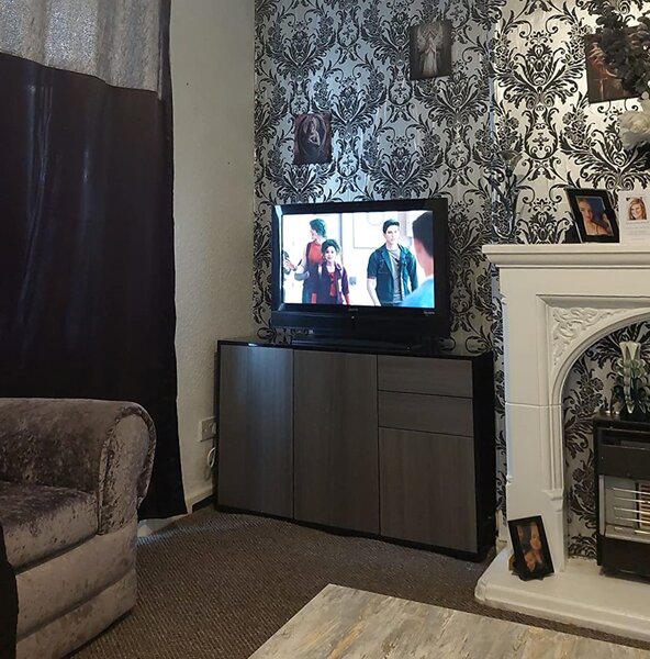 HOMCOM Sideboard High Gloss, 2 Drawer Push-Open Cabinet for Living Room, Bedroom, Light Grey and Black Aosom UK