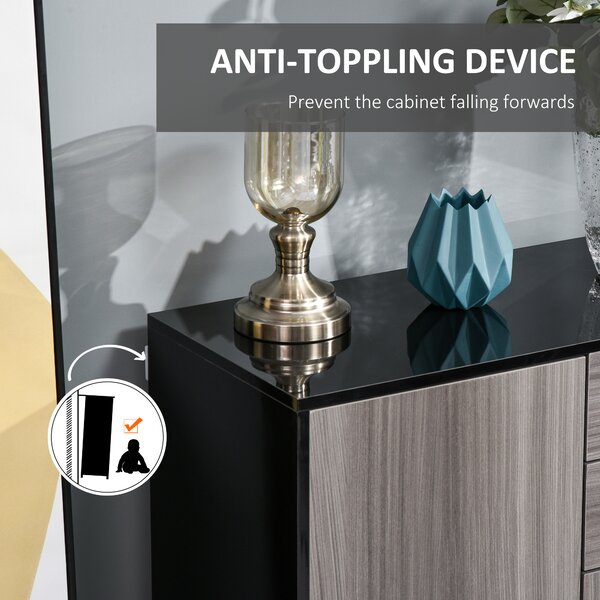 HOMCOM Sideboard High Gloss, 2 Drawer Push-Open Cabinet for Living Room, Bedroom, Light Grey and Black Aosom UK