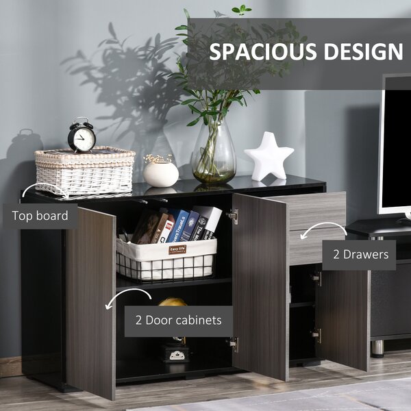 HOMCOM Sideboard High Gloss, 2 Drawer Push-Open Cabinet for Living Room, Bedroom, Light Grey and Black Aosom UK