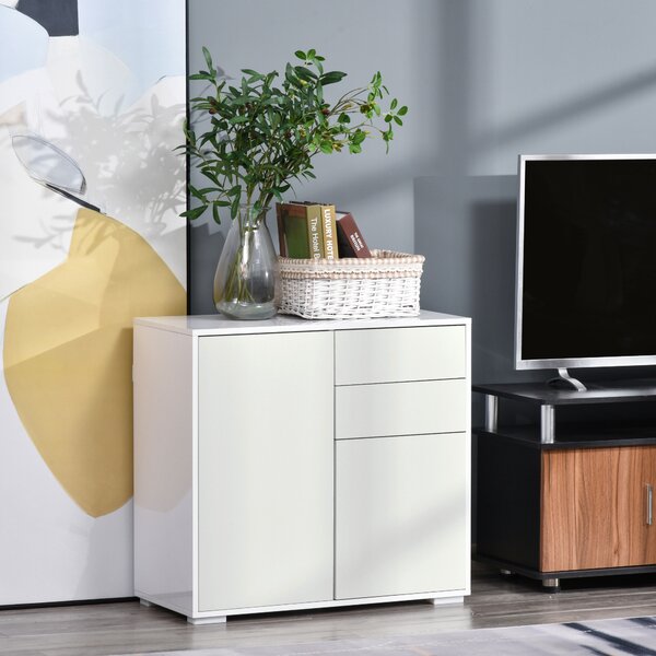 HOMCOM Push-Open Cabinet with 2 Drawer 2 Door Storage Cabinet for Home Office White