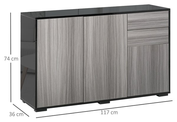HOMCOM Sideboard High Gloss, 2 Drawer Push-Open Cabinet for Living Room, Bedroom, Light Grey and Black Aosom UK
