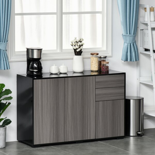 HOMCOM Sideboard High Gloss, 2 Drawer Push-Open Cabinet for Living Room, Bedroom, Light Grey and Black Aosom UK
