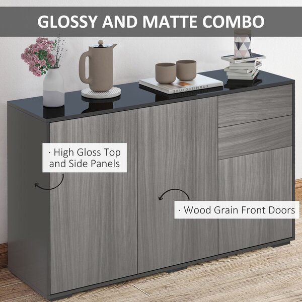 HOMCOM Sideboard High Gloss, 2 Drawer Push-Open Cabinet for Living Room, Bedroom, Light Grey and Black Aosom UK
