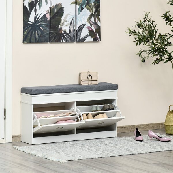 HOMCOM Shoe Storage Bench, Shoe Cabinet with Seat Cushion and Adjustable Shelf for Hallway, Living Room, Bedroom, White Aosom UK