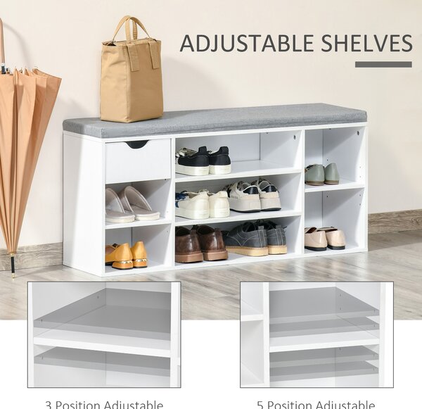 HOMCOM Shoe Storage Bench with Cushion, 7 Compartments, Adjustable Shelves, Drawer, White and Grey Aosom UK