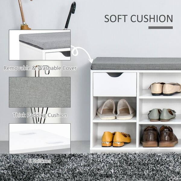 HOMCOM Shoe Storage Bench with Cushion, 7 Compartments, Adjustable Shelves, Drawer, White and Grey Aosom UK