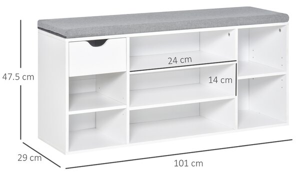HOMCOM Shoe Storage Bench with Cushion, 7 Compartments, Adjustable Shelves, Drawer, White and Grey Aosom UK