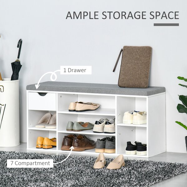 HOMCOM Shoe Storage Bench with Cushion, 7 Compartments, Adjustable Shelves, Drawer, White and Grey Aosom UK