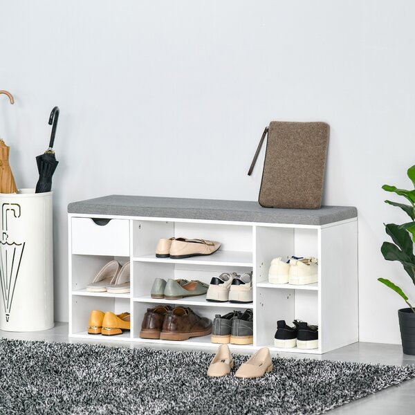 HOMCOM Shoe Storage Bench with Cushion, 7 Compartments, Adjustable Shelves, Drawer, White and Grey Aosom UK