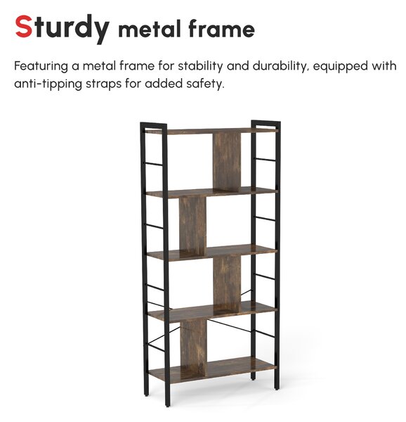HOMCOM Industrial Storage Shelf Bookcase Closet Floor Standing Display Rack with 5 Tiers, Metal Frame for Living Room & Study, Rustic Brown Aosom UK