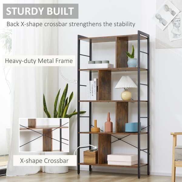 HOMCOM Industrial Storage Shelf Bookcase Closet Floor Standing Display Rack with 5 Tiers, Metal Frame for Living Room & Study, Rustic Brown Aosom UK