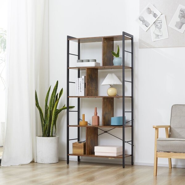 HOMCOM Industrial Storage Shelf Bookcase Closet Floor Standing Display Rack with 5 Tiers, Metal Frame for Living Room & Study, Rustic Brown Aosom UK