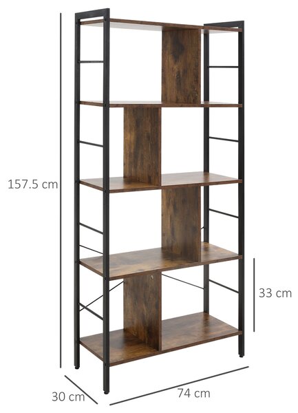 HOMCOM Industrial Storage Shelf Bookcase Closet Floor Standing Display Rack with 5 Tiers, Metal Frame for Living Room & Study, Rustic Brown Aosom UK