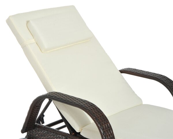 Outsunny Adjustable Rattan Sun Lounger Garden Recliner Bed Reclining Chair w/ Removable Headrest & Thickened Cushion, Brown