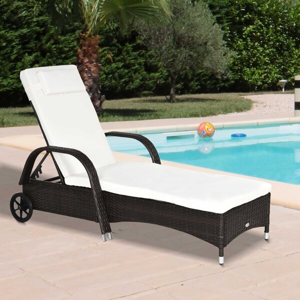 Outsunny Adjustable Rattan Sun Lounger Garden Recliner Bed Reclining Chair w/ Removable Headrest & Thickened Cushion, Brown