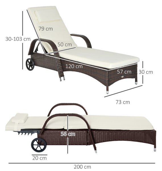 Outsunny Adjustable Rattan Sun Lounger Garden Recliner Bed Reclining Chair w/ Removable Headrest & Thickened Cushion, Brown