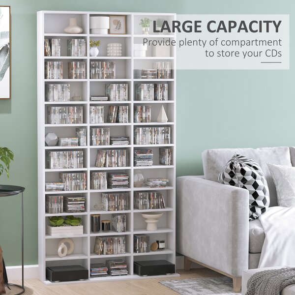 HOMCOM CD / DVD Storage Shelf Storage Unit for 1116 CDs Height-Adjustable Compartments 102 x 24 x 195 cm White