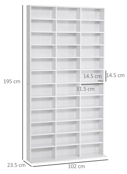 HOMCOM CD / DVD Storage Shelf Storage Unit for 1116 CDs Height-Adjustable Compartments 102 x 24 x 195 cm White