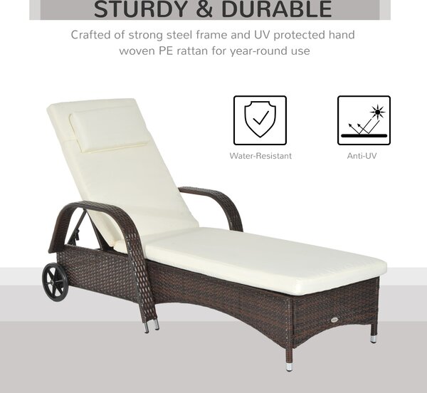 Outsunny Adjustable Rattan Sun Lounger Garden Recliner Bed Reclining Chair w/ Removable Headrest & Thickened Cushion, Brown